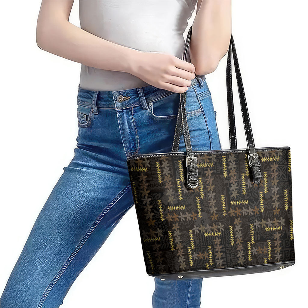 Hawaii Brown Plumeria Lei Black Leather Tote Bag Frangipani Floral Heritage Art