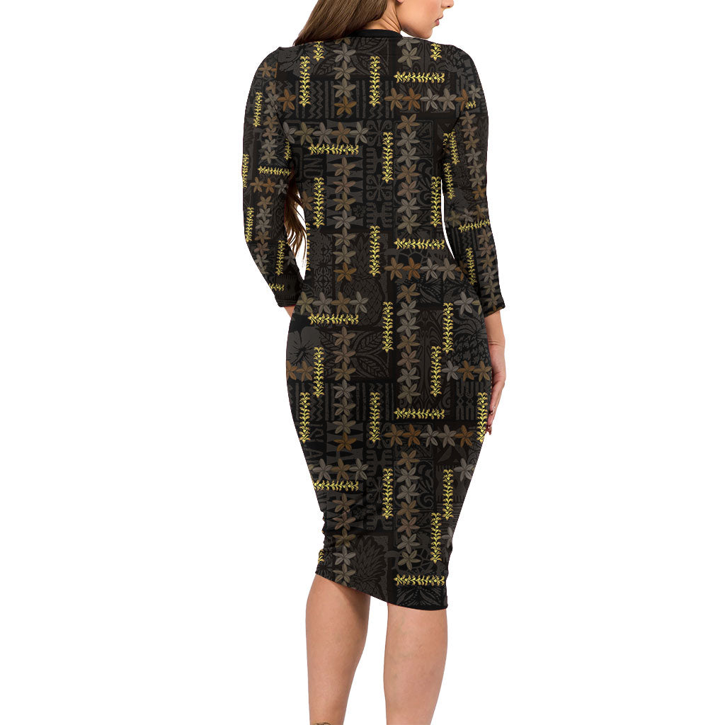 Hawaii Brown Plumeria Lei Black Long Sleeve Bodycon Dress Frangipani Floral Heritage Art