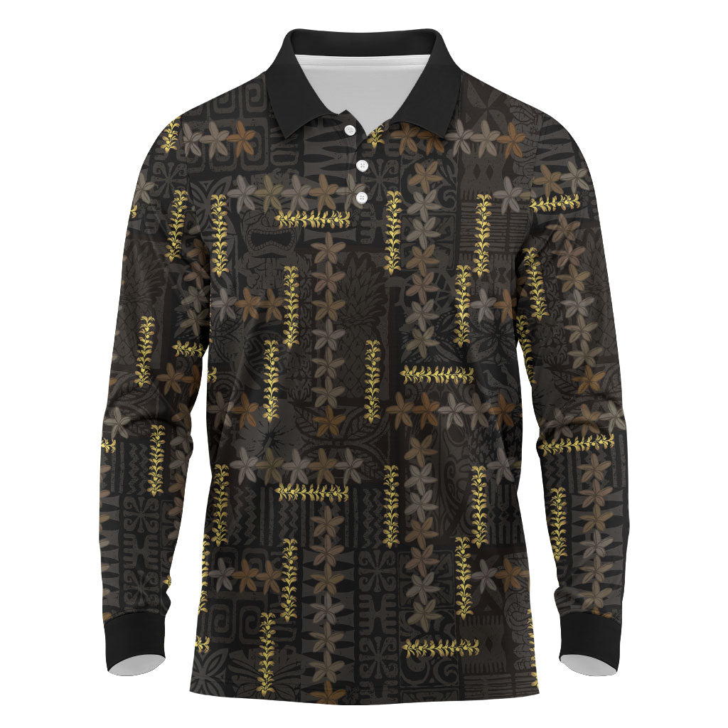 Hawaii Brown Plumeria Lei Black Long Sleeve Polo Shirt Frangipani Floral Heritage Art
