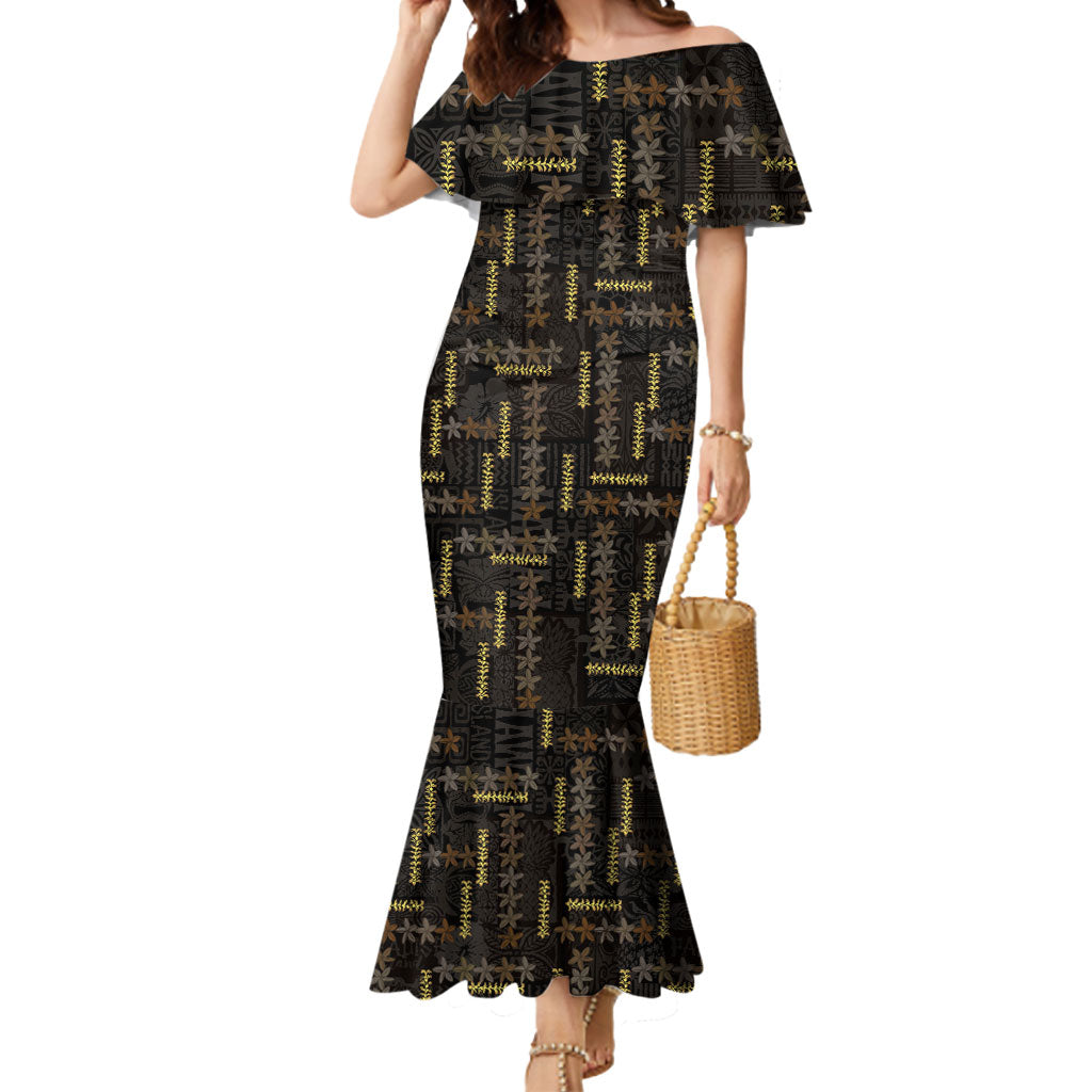 Hawaii Brown Plumeria Lei Black Mermaid Dress Frangipani Floral Heritage Art