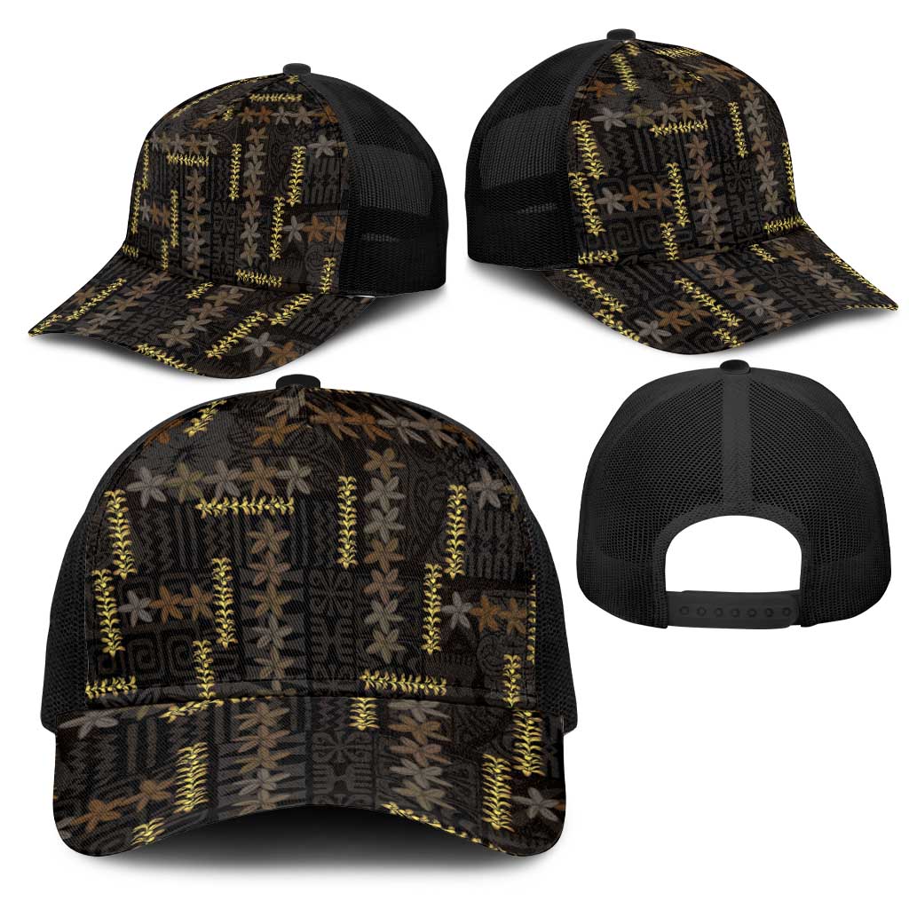 Hawaii Brown Plumeria Lei Black Mesh Trucker Cap Frangipani Floral Heritage Art