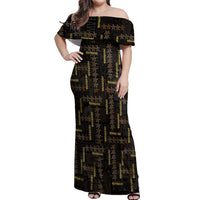 Hawaii Brown Plumeria Lei Black Off Shoulder Maxi Dress Frangipani Floral Heritage Art