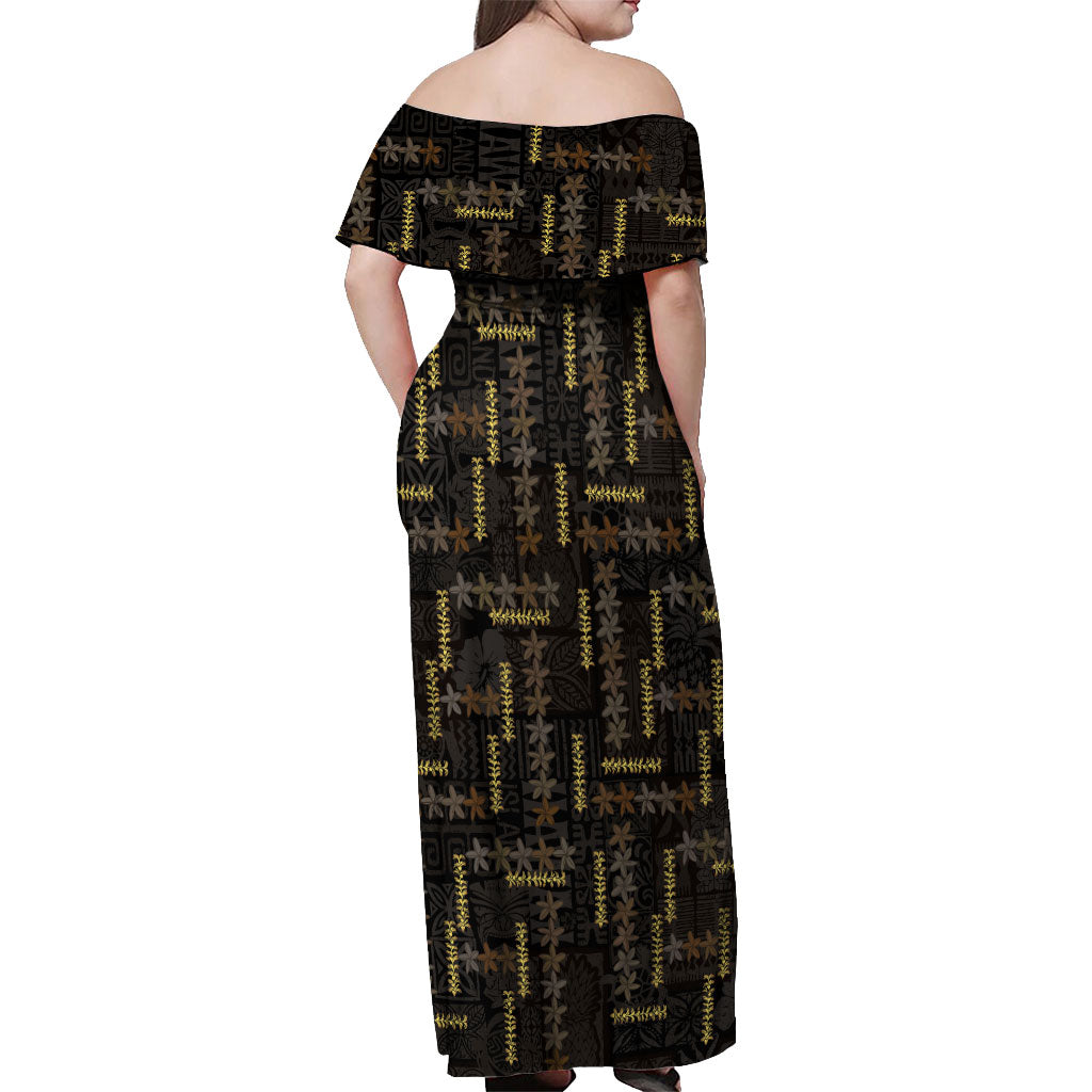 Hawaii Brown Plumeria Lei Black Off Shoulder Maxi Dress Frangipani Floral Heritage Art