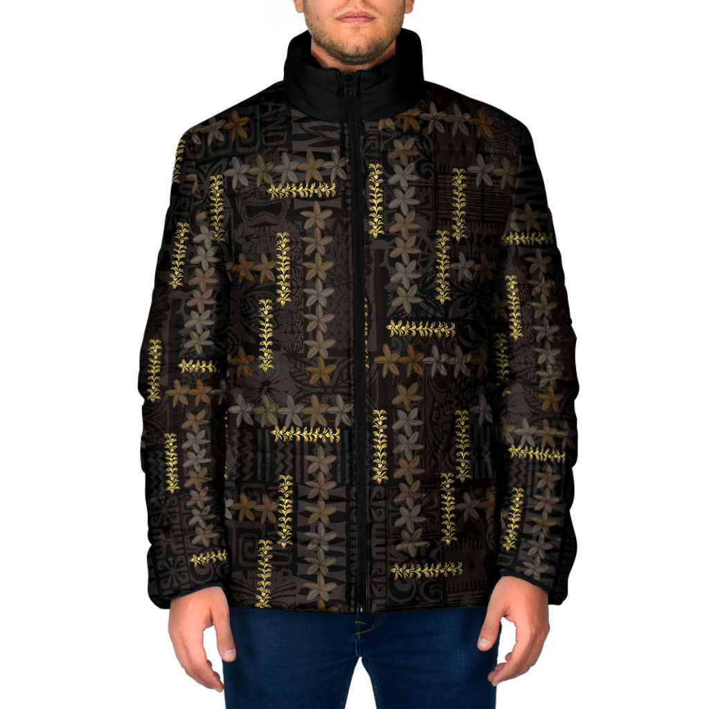 Hawaii Brown Plumeria Lei Black Padded Jacket Frangipani Floral Heritage Art
