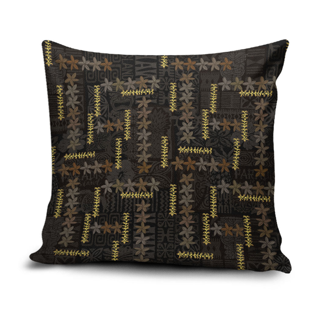 Hawaii Brown Plumeria Lei Black Pillow Cover Frangipani Floral Heritage Art LT01 Black - Polynesian Pride