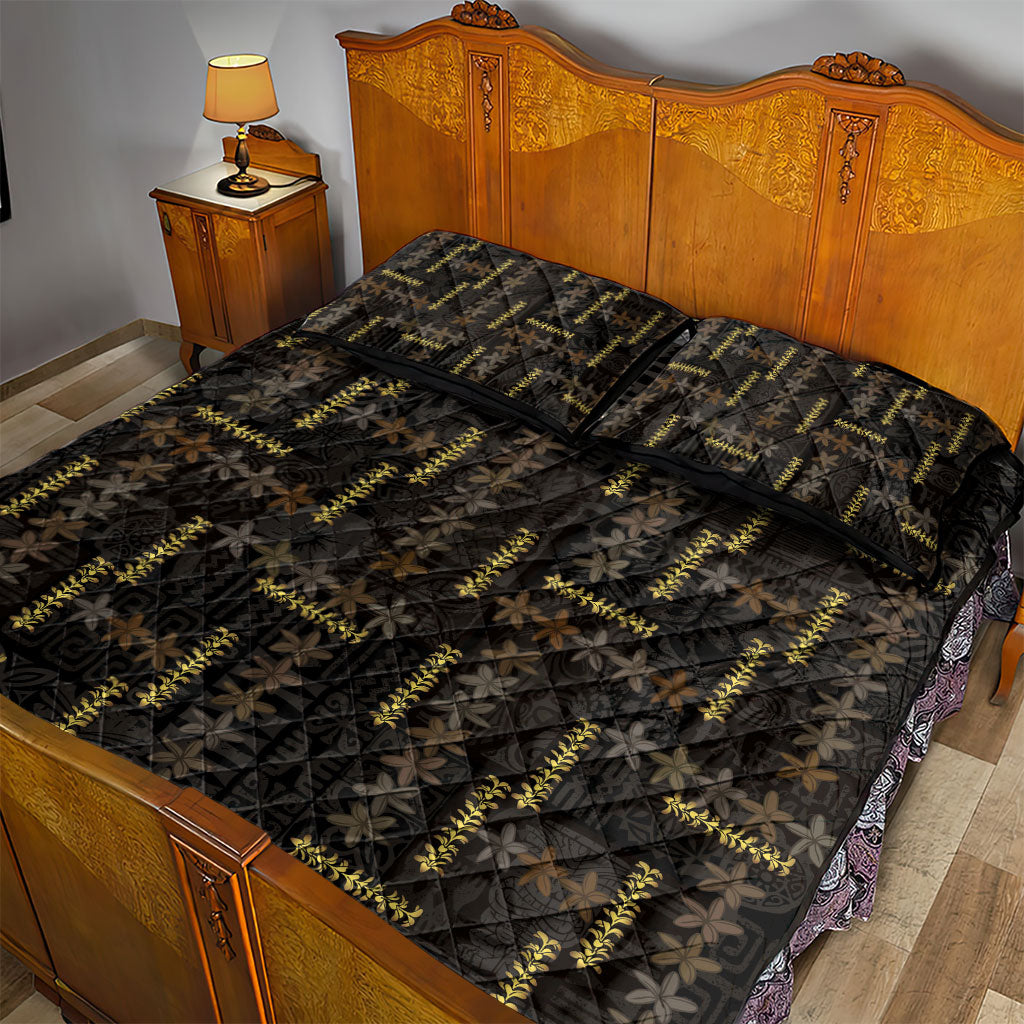 Hawaii Brown Plumeria Lei Black Quilt Bed Set Frangipani Floral Heritage Art