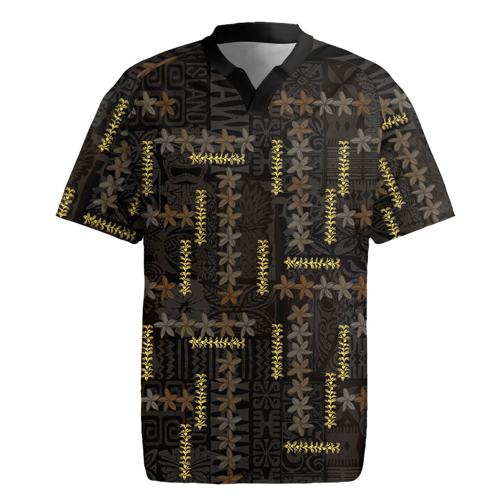 Hawaii Brown Plumeria Lei Black Rugby Jersey Frangipani Floral Heritage Art