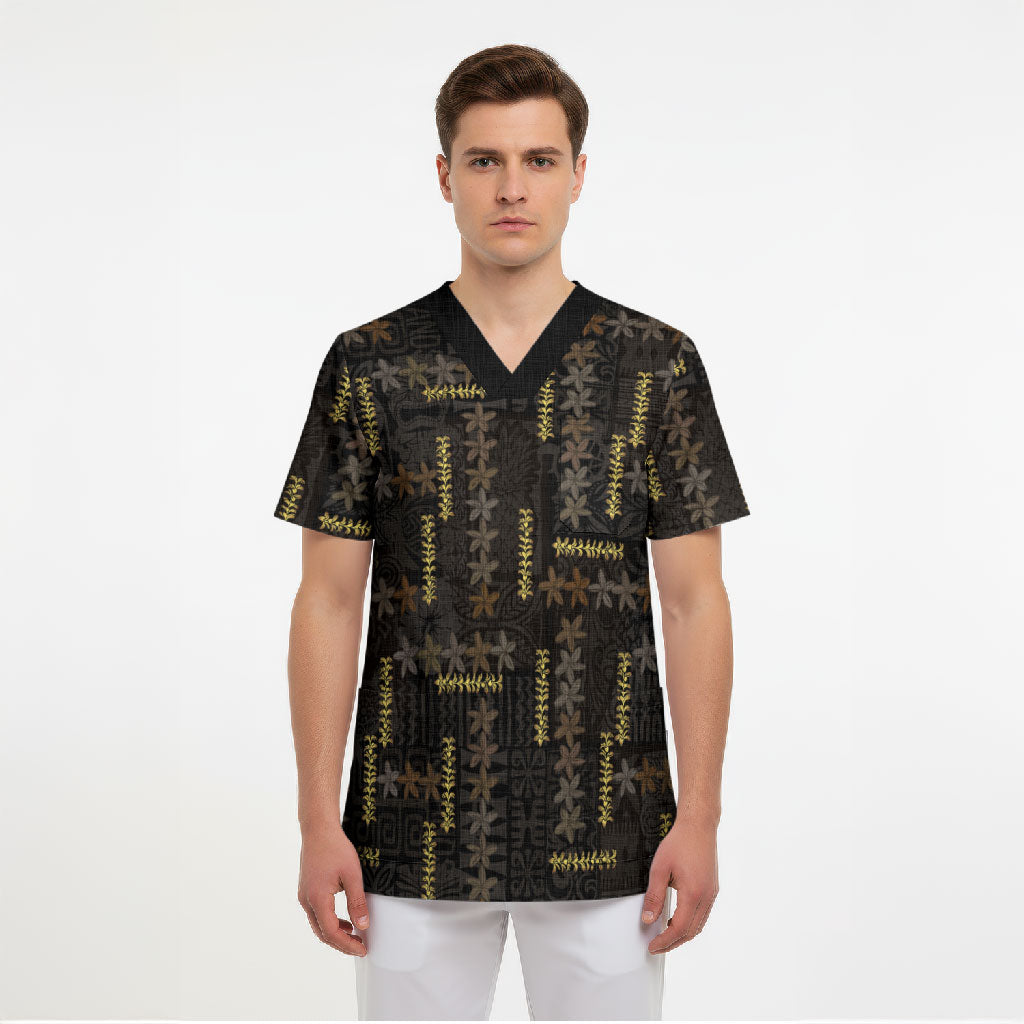 Hawaii Brown Plumeria Lei Black Scrub Top Frangipani Floral Heritage Art