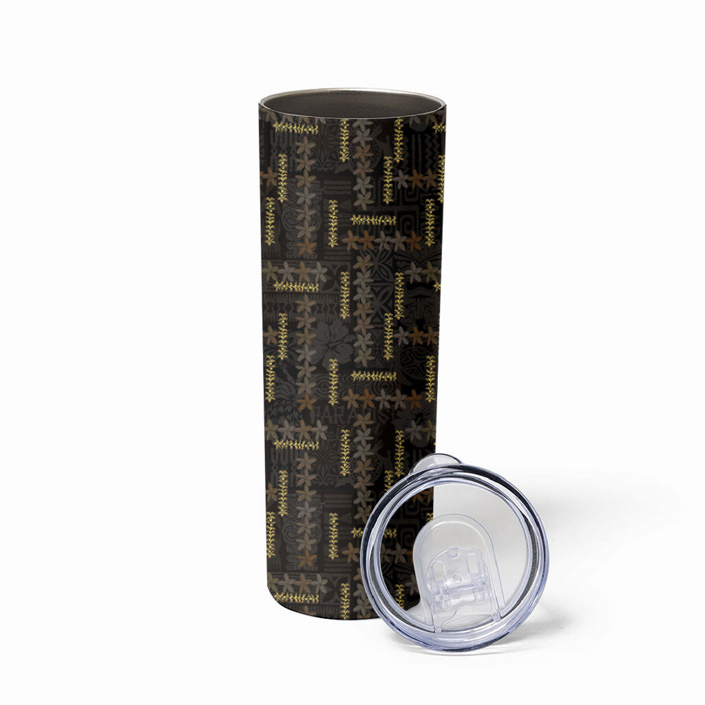 Hawaii Brown Plumeria Lei Black Skinny Tumbler Frangipani Floral Heritage Art