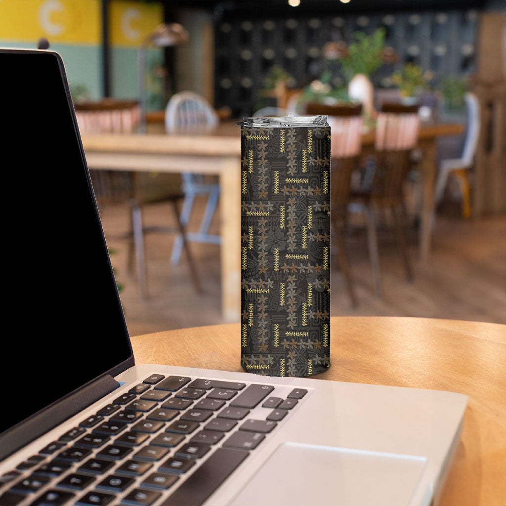 Hawaii Brown Plumeria Lei Black Skinny Tumbler Frangipani Floral Heritage Art