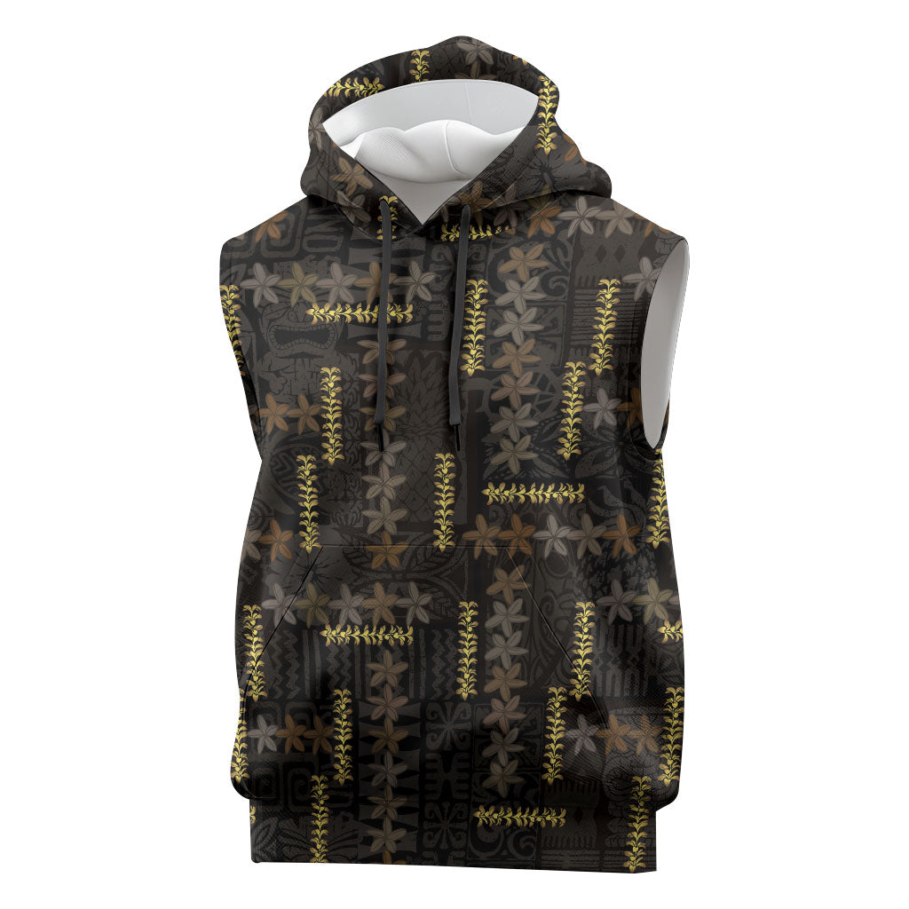 Hawaii Brown Plumeria Lei Black Sleeveless Hoodie Frangipani Floral Heritage Art