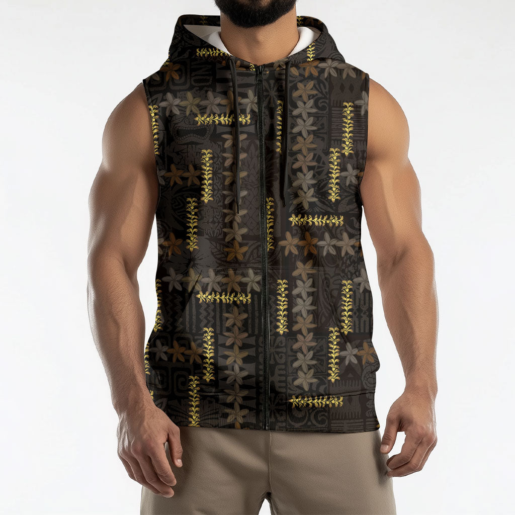 Hawaii Brown Plumeria Lei Black Sleeveless Zip Hoodie Frangipani Floral Heritage Art