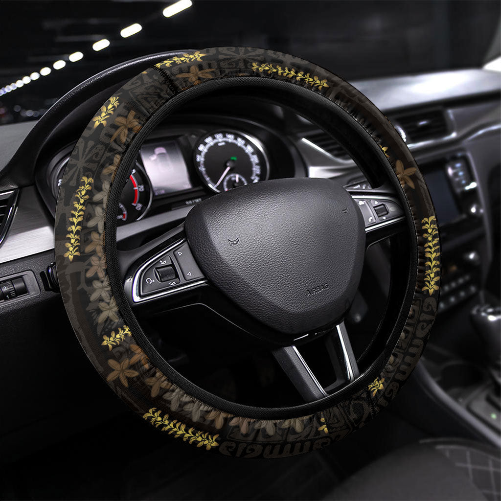 Hawaii Brown Plumeria Lei Black Steering Wheel Cover Frangipani Floral Heritage Art LT01 Universal Fit Black - Polynesian Pride
