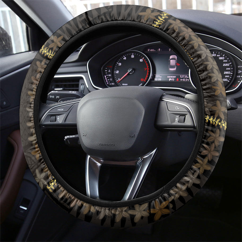 Hawaii Brown Plumeria Lei Black Steering Wheel Cover Frangipani Floral Heritage Art LT01 - Polynesian Pride