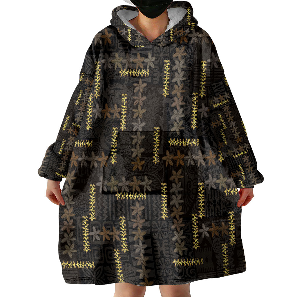 Hawaii Brown Plumeria Lei Black Wearable Blanket Hoodie Frangipani Floral Heritage Art