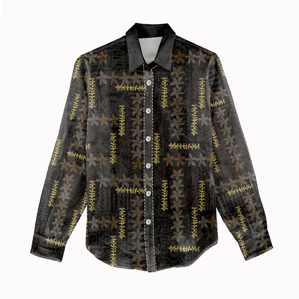 Hawaii Brown Plumeria Lei Black Women Casual Shirt Frangipani Floral Heritage Art