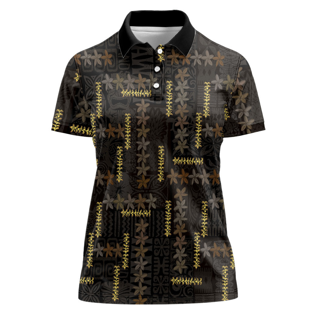 Hawaii Brown Plumeria Lei Black Women Polo Shirt Frangipani Floral Heritage Art