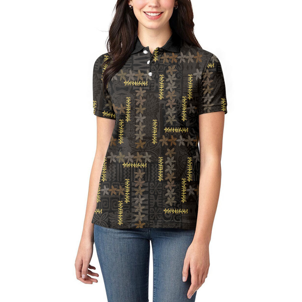 Hawaii Brown Plumeria Lei Black Women Polo Shirt Frangipani Floral Heritage Art