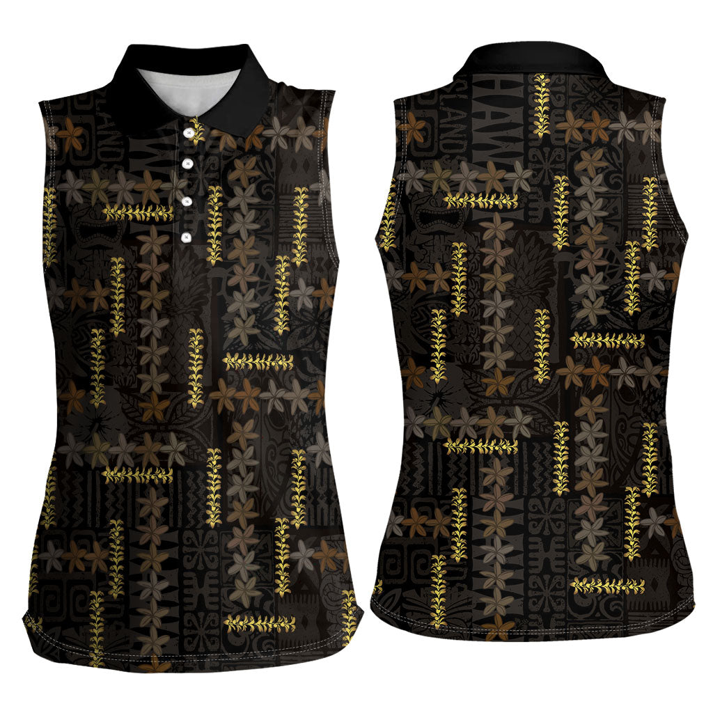 Hawaii Brown Plumeria Lei Black Women Sleeveless Polo Shirt Frangipani Floral Heritage Art