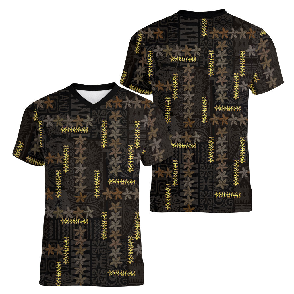 Hawaii Brown Plumeria Lei Black Women V-Neck T-Shirt Frangipani Floral Heritage Art