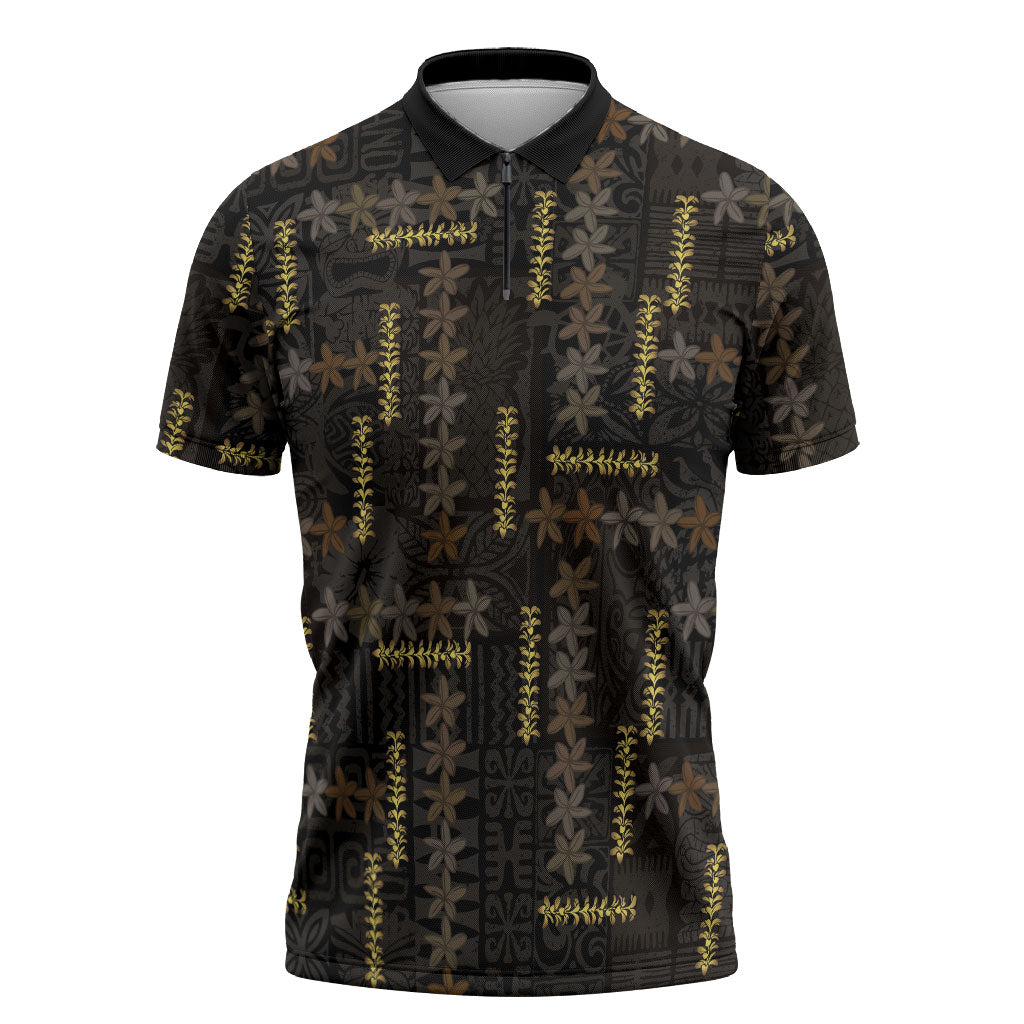 Hawaii Brown Plumeria Lei Black Zipper Polo Shirt Frangipani Floral Heritage Art