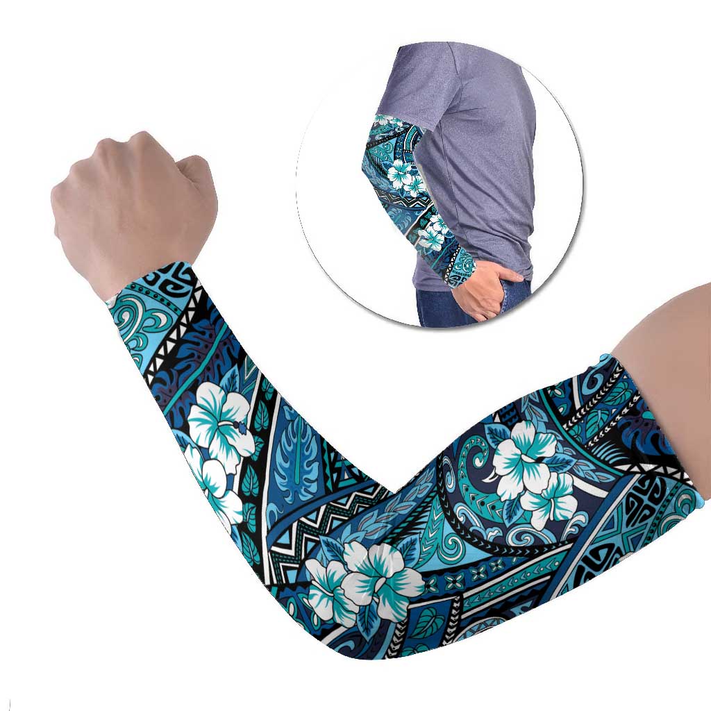 Polynesian Hibiscus Tropical Blue Floral Arm Sleeves Tribal Pattern - Polynesian Pride