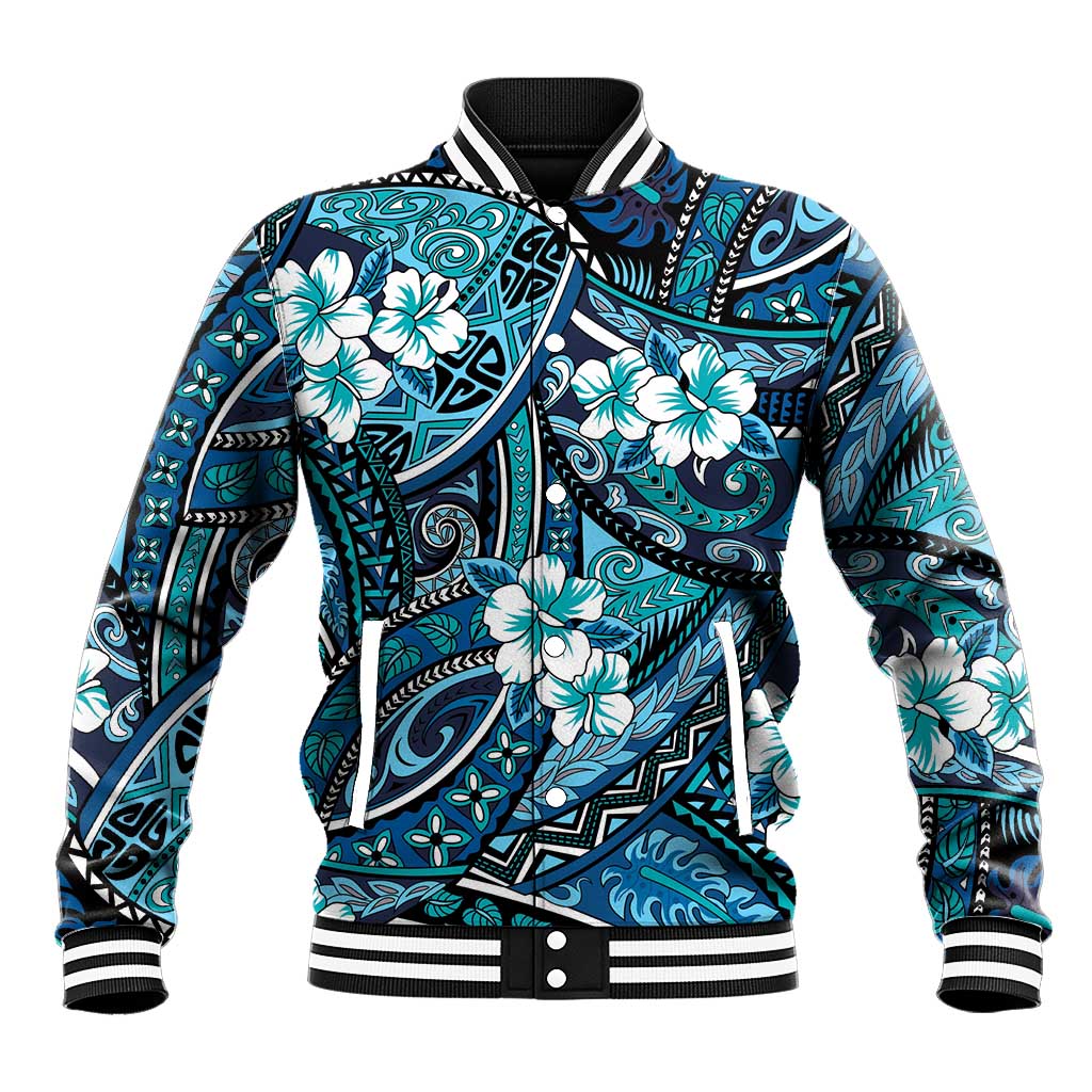 Polynesian Hibiscus Tropical Blue Floral Baseball Jacket Tribal Pattern - Polynesian Pride