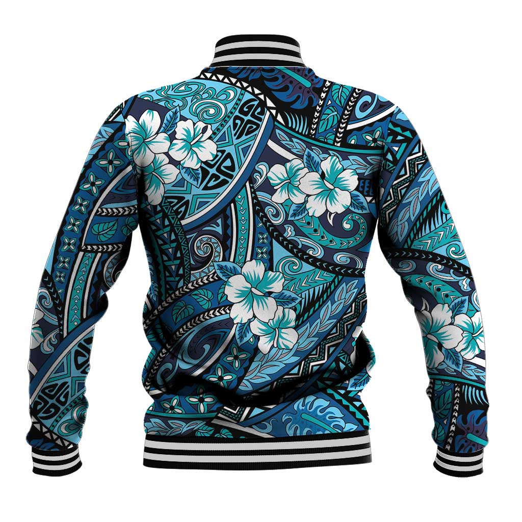 Polynesian Hibiscus Tropical Blue Floral Baseball Jacket Tribal Pattern - Polynesian Pride