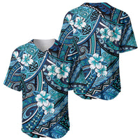 Polynesian Hibiscus Tropical Blue Floral Baseball Jersey Tribal Pattern - Polynesian Pride