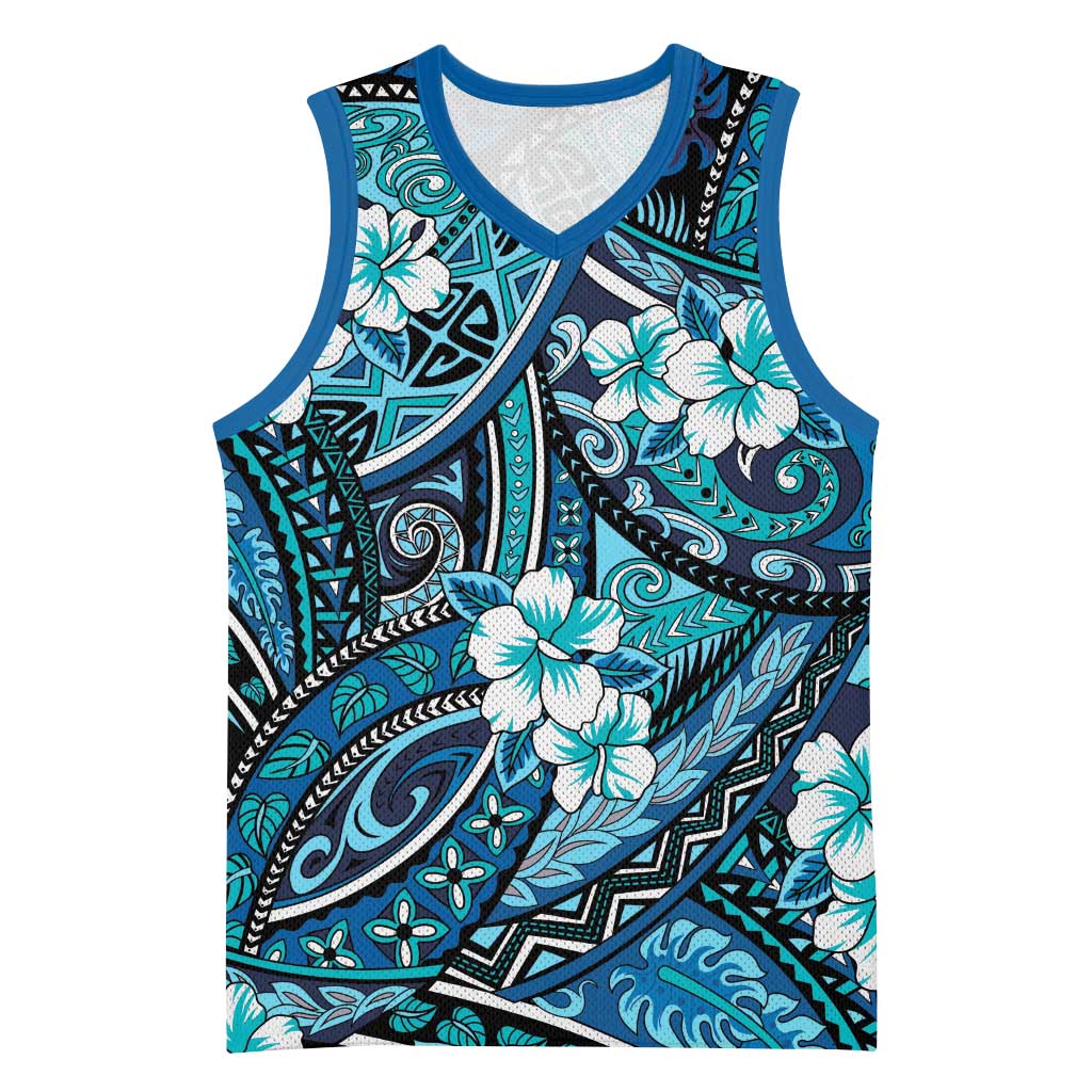 Polynesian Hibiscus Tropical Blue Floral Basketball Jersey Tribal Pattern - Polynesian Pride