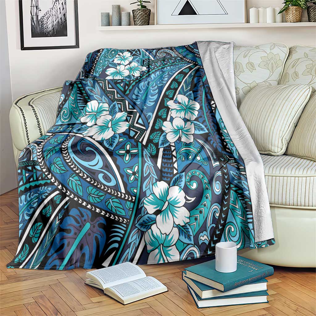 Polynesian Hibiscus Tropical Blue Floral Blanket Tribal Pattern - Polynesian Pride