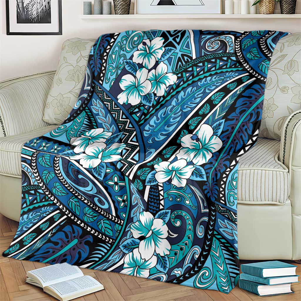 Polynesian Hibiscus Tropical Blue Floral Blanket Tribal Pattern - Polynesian Pride