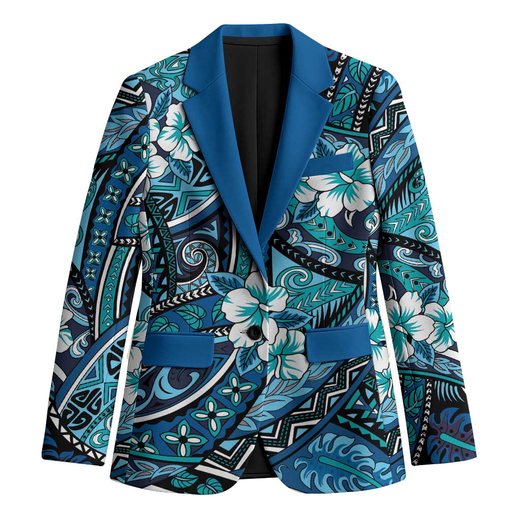 Polynesian Hibiscus Tropical Blue Floral Blazer Tribal Pattern - Polynesian Pride