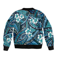 Polynesian Hibiscus Tropical Blue Floral Bomber Jacket Tribal Pattern - Polynesian Pride