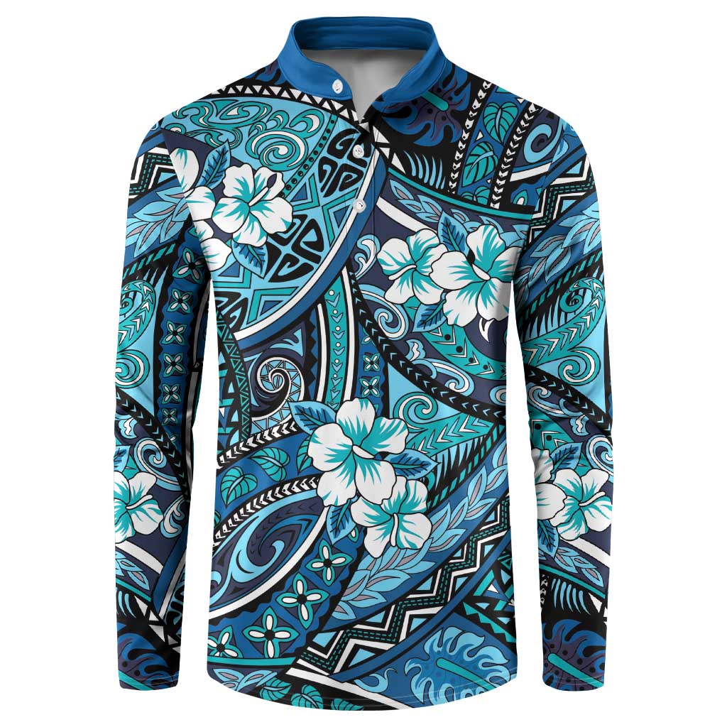 Polynesian Hibiscus Tropical Blue Floral Button Sweatshirt Tribal Pattern - Polynesian Pride