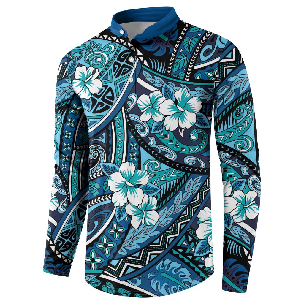 Polynesian Hibiscus Tropical Blue Floral Button Sweatshirt Tribal Pattern - Polynesian Pride