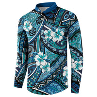Polynesian Hibiscus Tropical Blue Floral Button Sweatshirt Tribal Pattern - Polynesian Pride