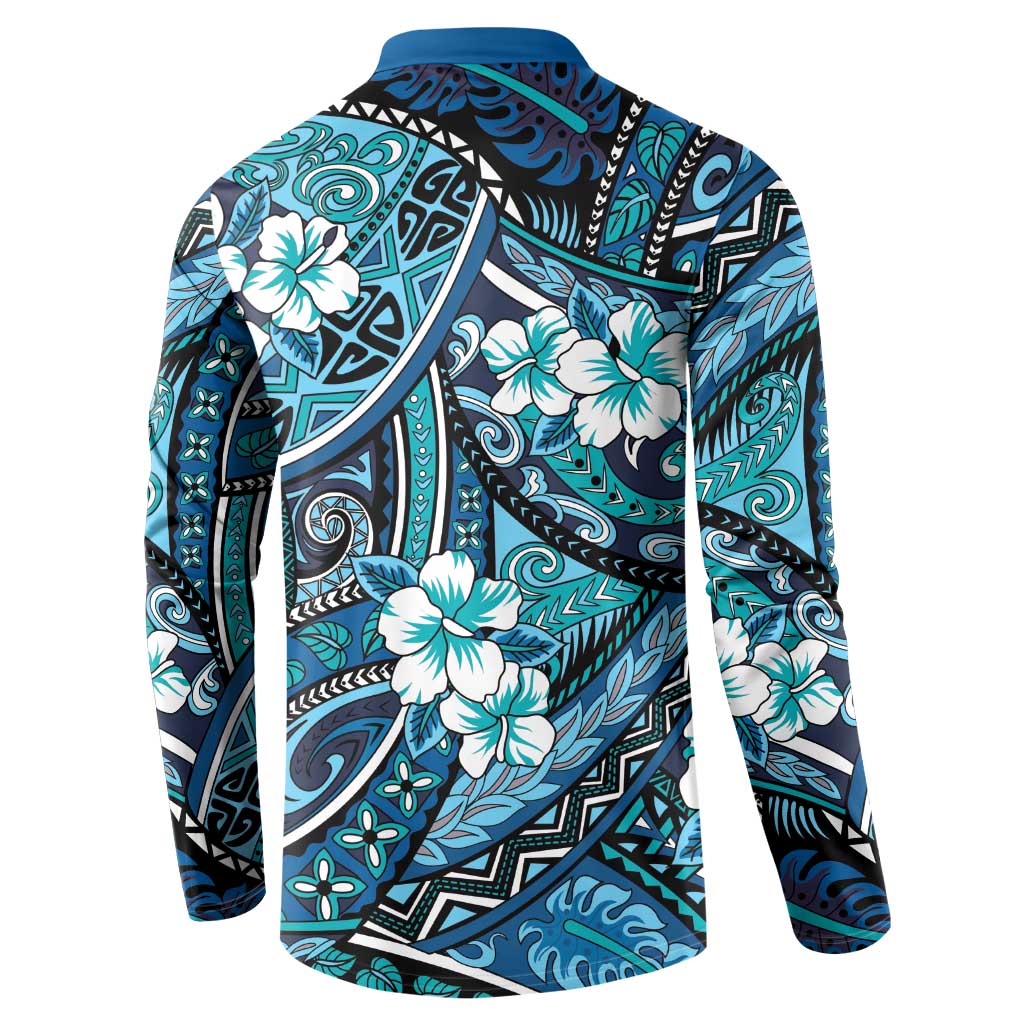 Polynesian Hibiscus Tropical Blue Floral Button Sweatshirt Tribal Pattern - Polynesian Pride
