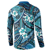 Polynesian Hibiscus Tropical Blue Floral Button Sweatshirt Tribal Pattern - Polynesian Pride
