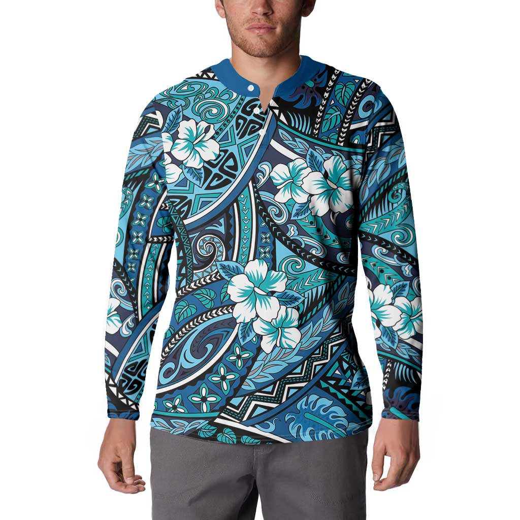 Polynesian Hibiscus Tropical Blue Floral Button Sweatshirt Tribal Pattern - Polynesian Pride