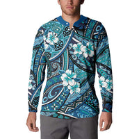 Polynesian Hibiscus Tropical Blue Floral Button Sweatshirt Tribal Pattern - Polynesian Pride