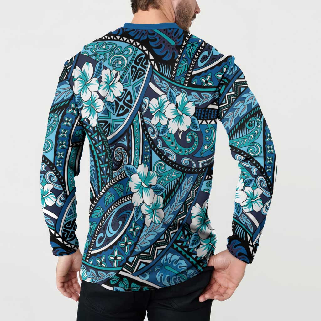 Polynesian Hibiscus Tropical Blue Floral Button Sweatshirt Tribal Pattern - Polynesian Pride