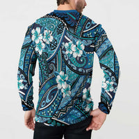 Polynesian Hibiscus Tropical Blue Floral Button Sweatshirt Tribal Pattern - Polynesian Pride