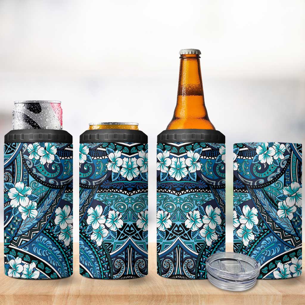 Polynesian Hibiscus Tropical Blue Floral 4 in 1 Can Cooler Tumbler Tribal Pattern - Polynesian Pride