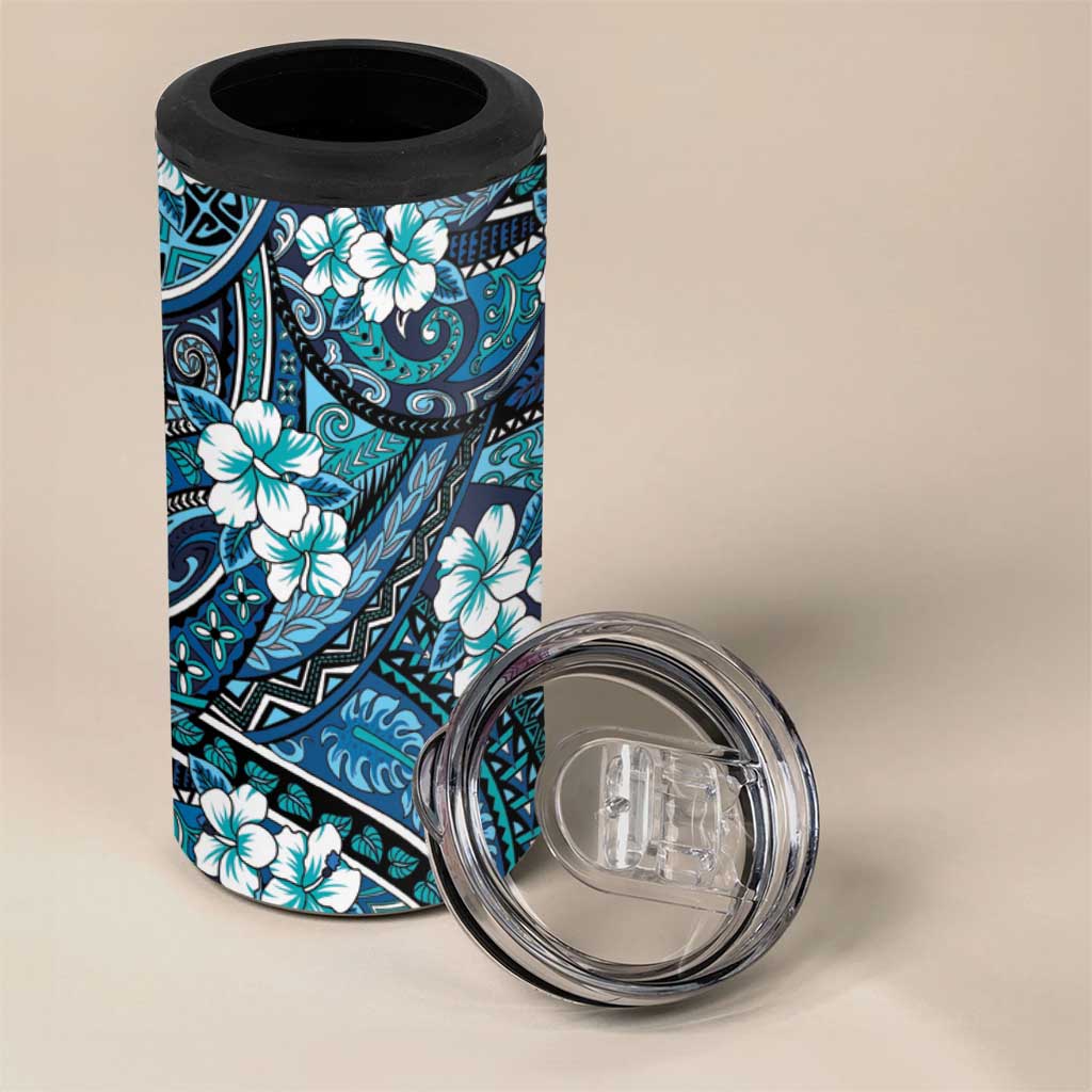Polynesian Hibiscus Tropical Blue Floral 4 in 1 Can Cooler Tumbler Tribal Pattern - Polynesian Pride