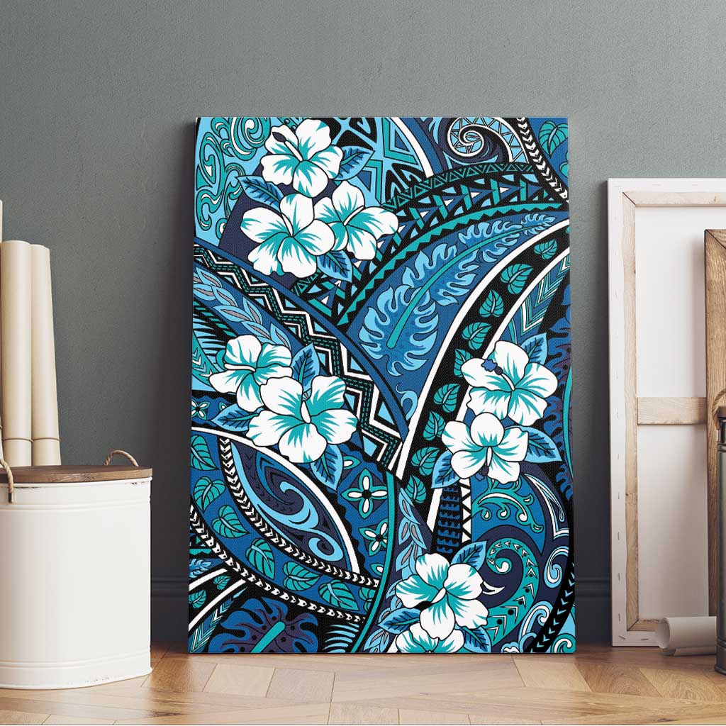 Polynesian Hibiscus Tropical Blue Floral Canvas Wall Art Tribal Pattern - Polynesian Pride