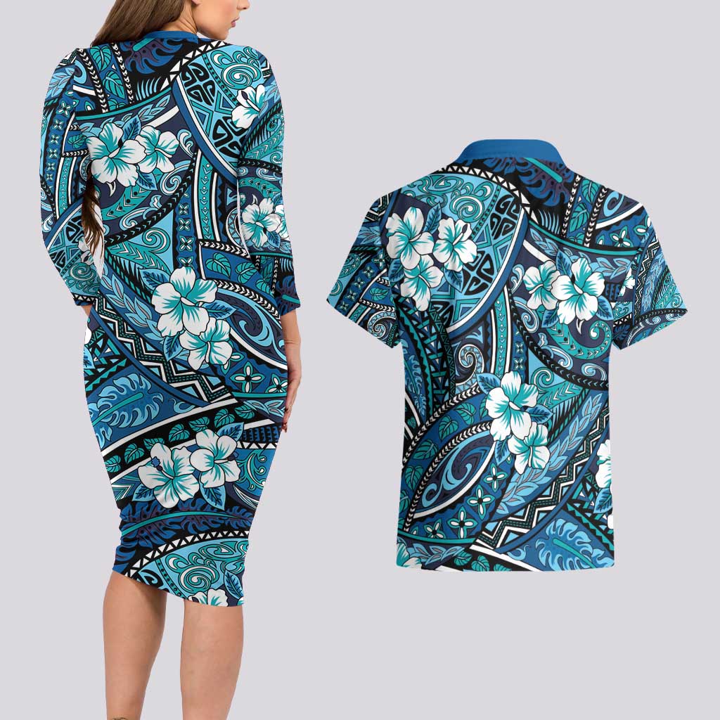Polynesian Hibiscus Tropical Blue Floral Couples Matching Long Sleeve Bodycon Dress and Hawaiian Shirt Tribal Pattern - Polynesian Pride