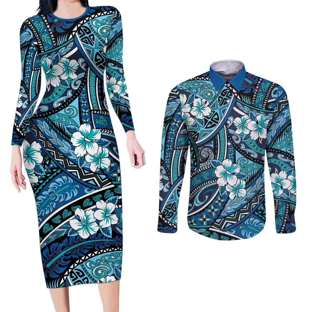 Polynesian Hibiscus Tropical Blue Floral Couples Matching Long Sleeve Bodycon Dress and Long Sleeve Button Shirt Tribal Pattern - Polynesian Pride