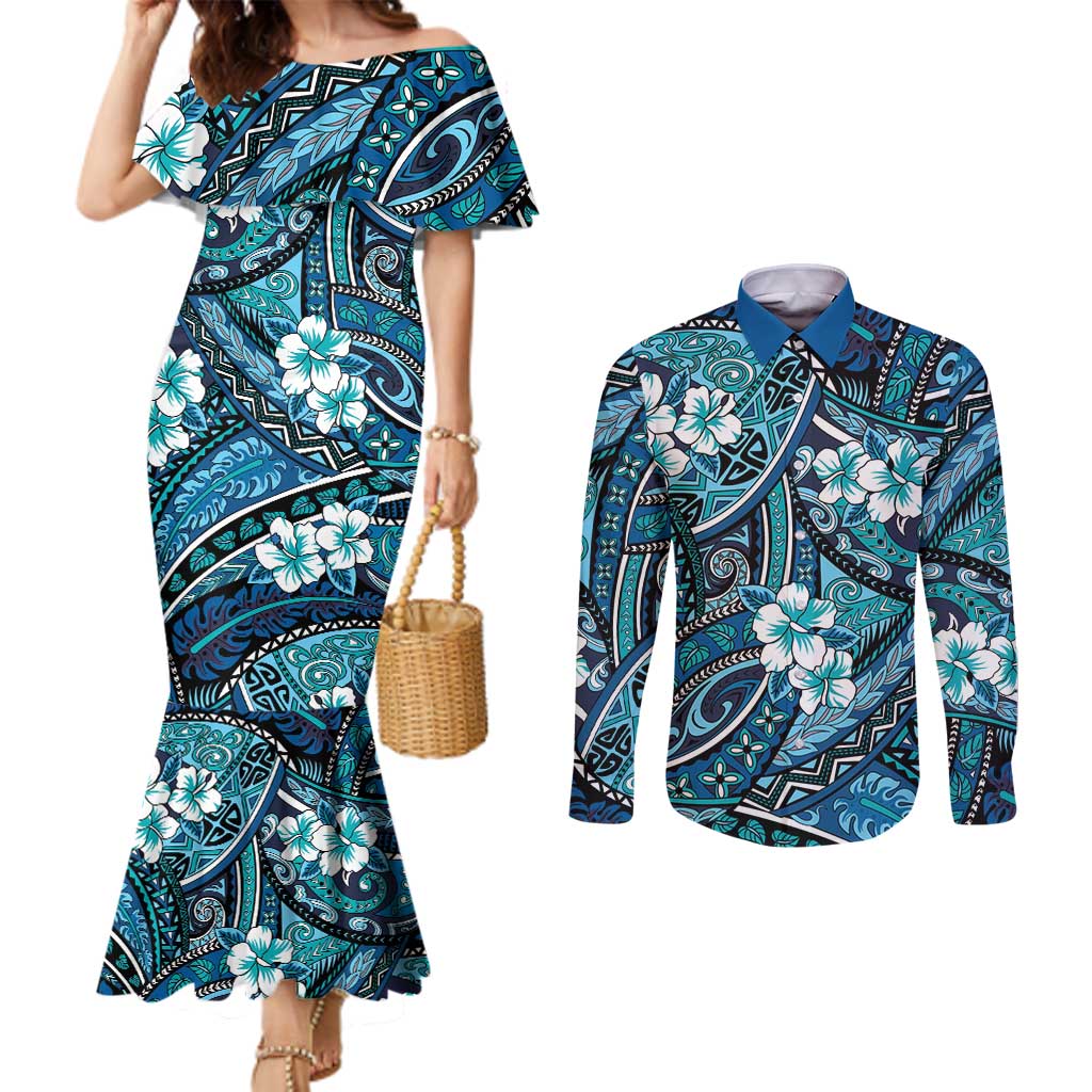 Polynesian Hibiscus Tropical Blue Floral Couples Matching Mermaid Dress and Long Sleeve Button Shirt Tribal Pattern - Polynesian Pride