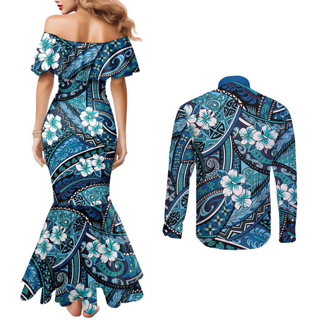 Polynesian Hibiscus Tropical Blue Floral Couples Matching Mermaid Dress and Long Sleeve Button Shirt Tribal Pattern - Polynesian Pride